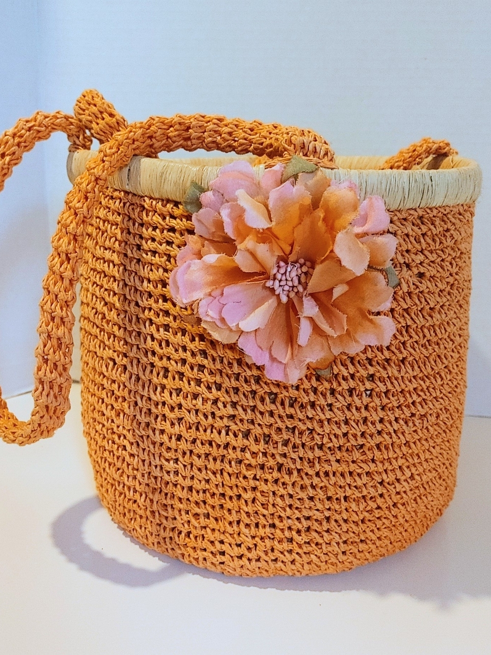 Vintage April Cornell Crochet Straw Basket Bucket Bag w/ Floral Appliqué